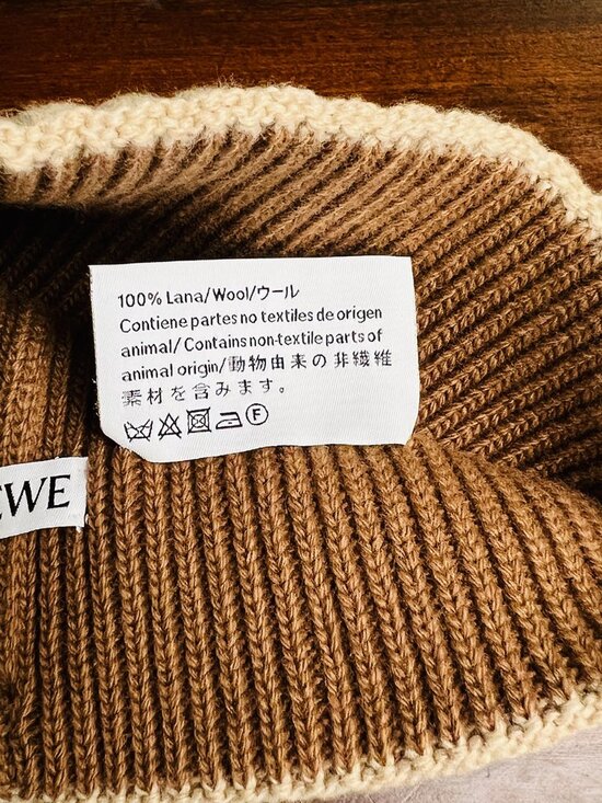 LOEWE Two-Tone Ribbed Wool Beanie Hat Brown Cream Anagram Logo Made in Italy main image 5